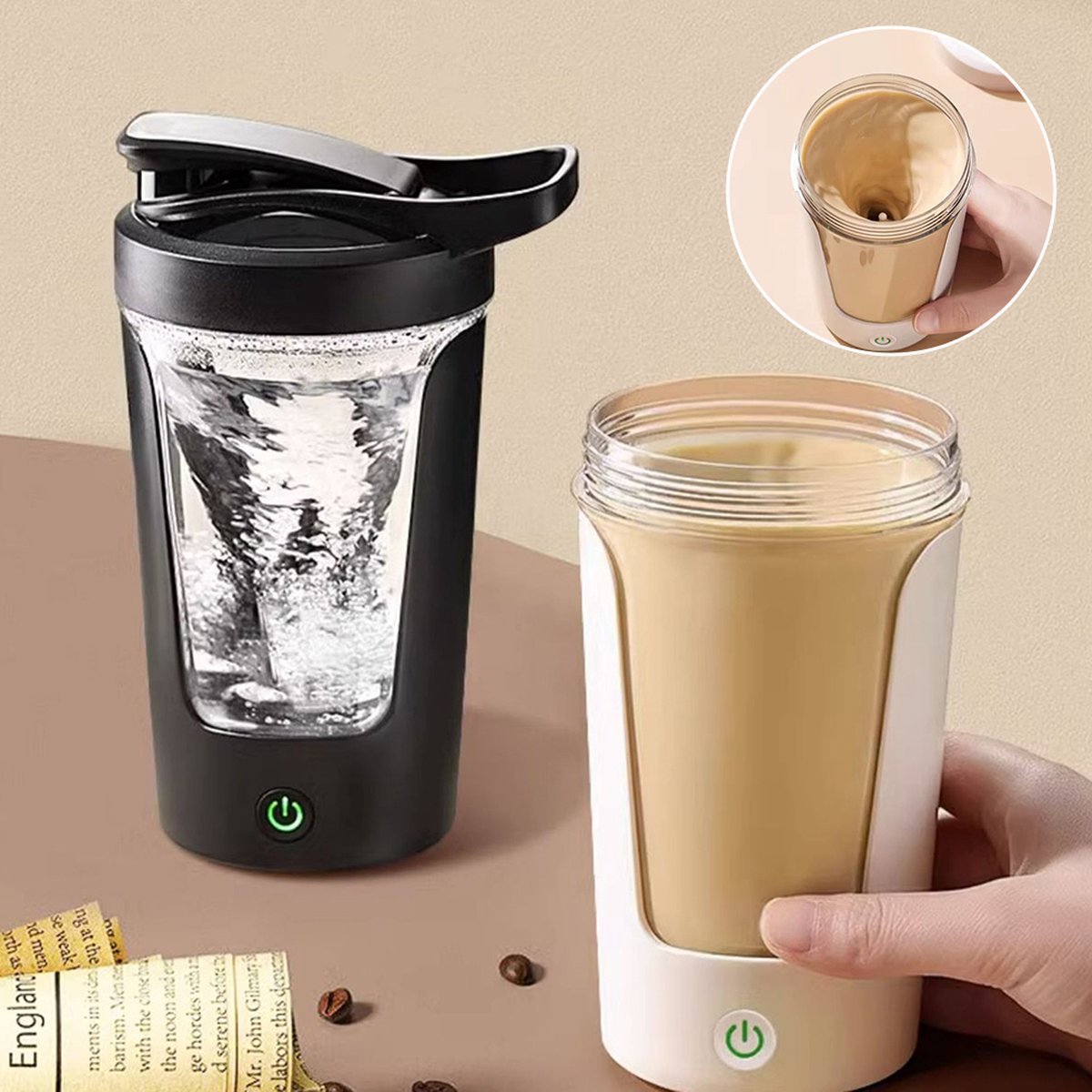 Elektrische Proteïne Shake Beker - 450 ml - Zwart - USB-C Opladen - Lekvrij Mixer