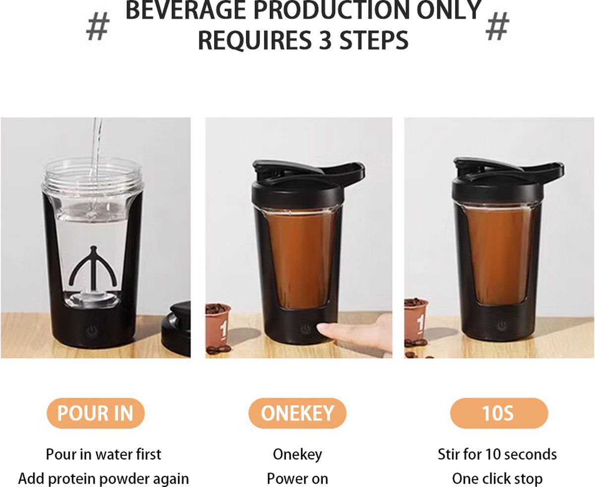 Elektrische Proteïne Shake Beker - 450 ml - Zwart - USB-C Opladen - Lekvrij Mixer