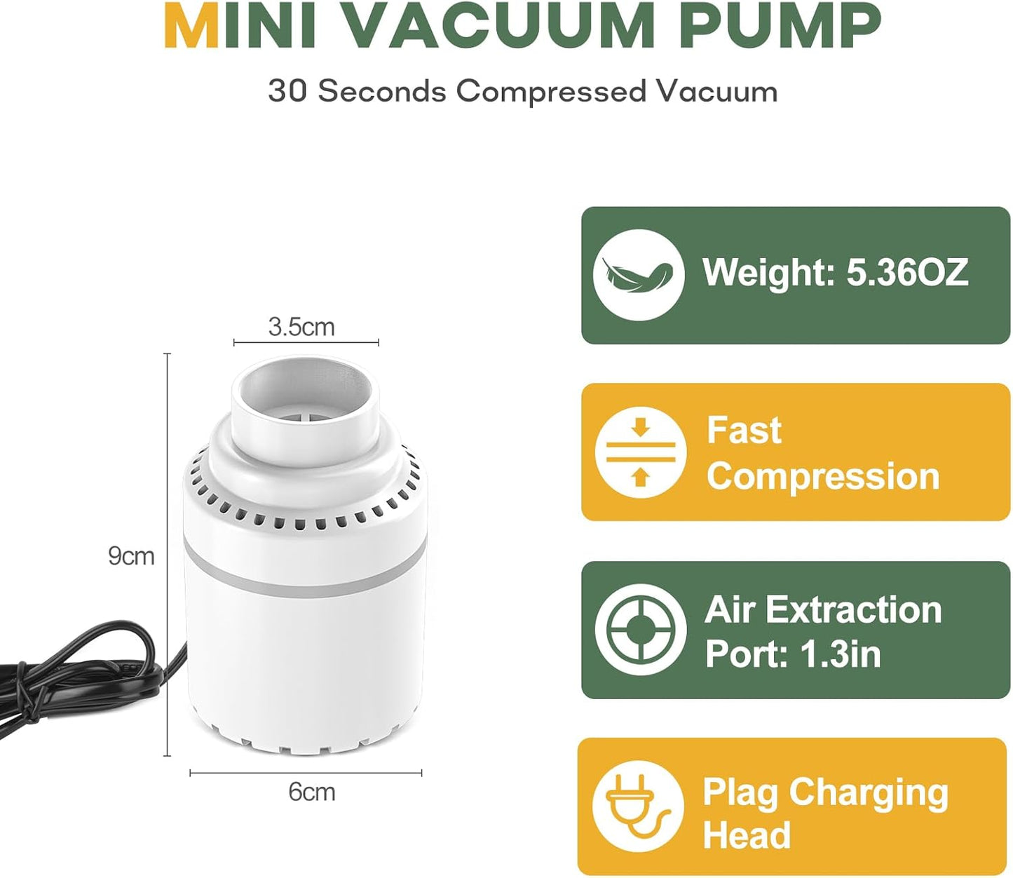 Vacbird Vacuümzak, elektrische luchtpomp, draagbare vacuümpomp voor vacuümopbergtas, 30 W, zeer efficiënte vacuümpomp, luchtvacuümpomp met 4,0 kPa ultra sterke zuigkracht