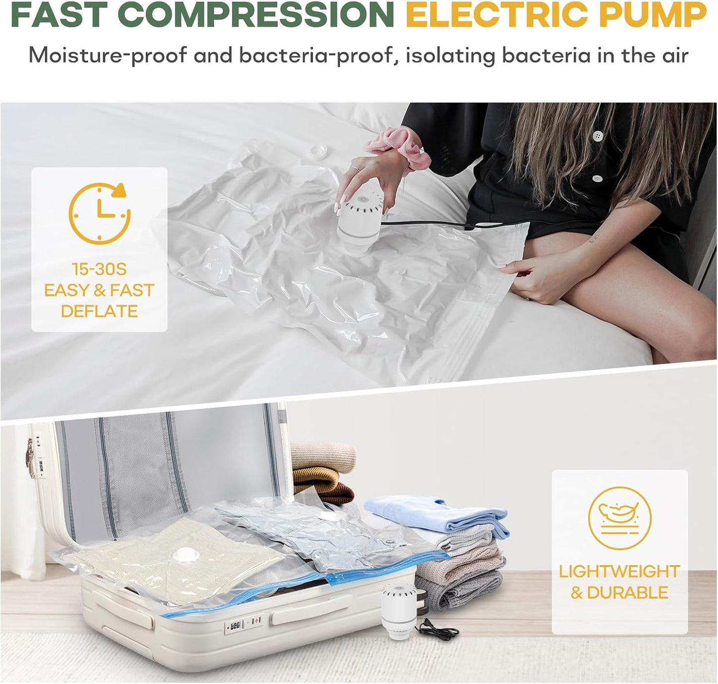 Vacbird Vacuümzak, elektrische luchtpomp, draagbare vacuümpomp voor vacuümopbergtas, 30 W, zeer efficiënte vacuümpomp, luchtvacuümpomp met 4,0 kPa ultra sterke zuigkracht