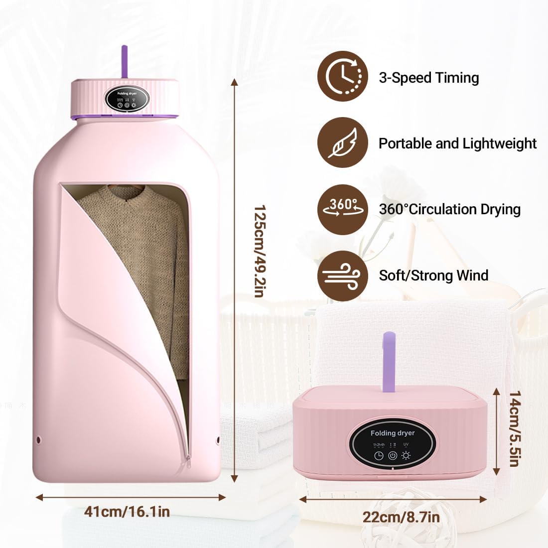 Draagbare Wasdroger 1200W met Timer en Waszak - Compacte Elektrische Droger voor Thuis en Reizen (Sakura Roze)