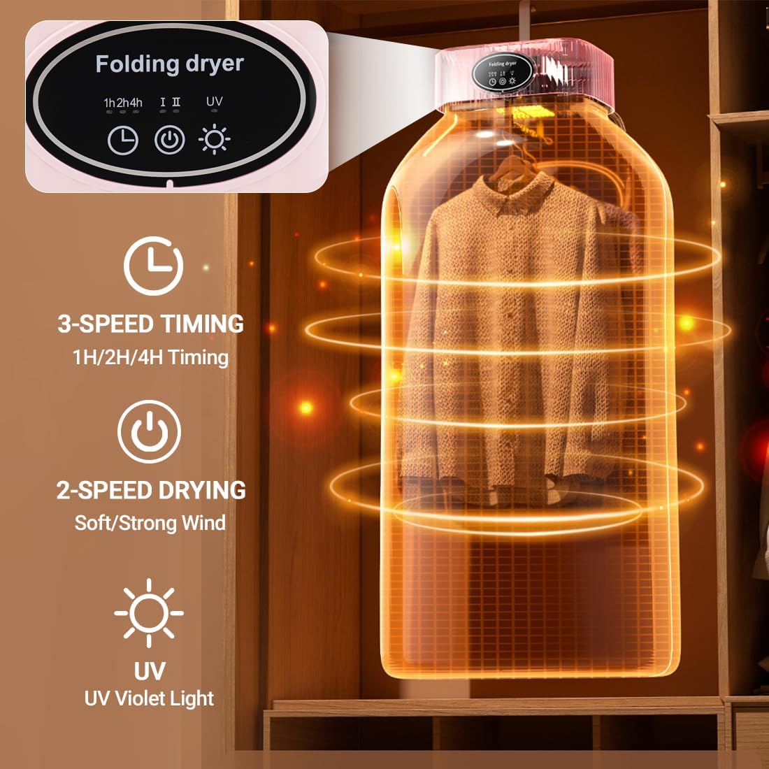 Draagbare Wasdroger 1200W met Timer en Waszak - Compacte Elektrische Droger voor Thuis en Reizen (Sakura Roze)